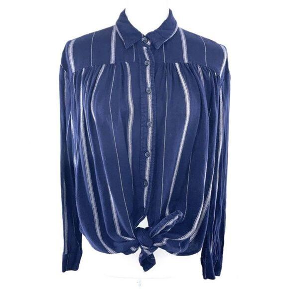 BDG URBAN OUTFITTERS Navy Stripe High Low Flannel‎ Shirt Size S White Smocked - Picture 6 of 7